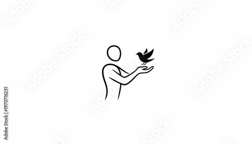Person releasing a bird from hands, symbol of freedom and hope, minimalist line art