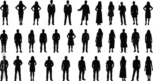 Diverse human silhouettes in formal and casual attire, standing in varied poses, symbolizing diversity, posture, fashion, and anonymity in vector illustration collection.