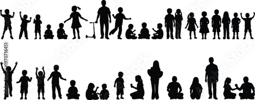 Children and adult silhouettes in playful and interactive poses, symbolizing social activity, diversity, family, and dynamic childhood movement in vector illustration design.