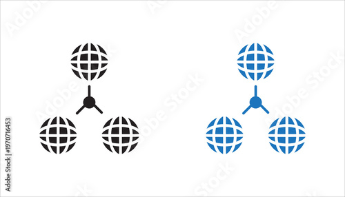 Network structure hierarchy with connected globe nodes line icon. Outline symbol representing system architecture, hierarchical network, communication flow, and distributed systems.