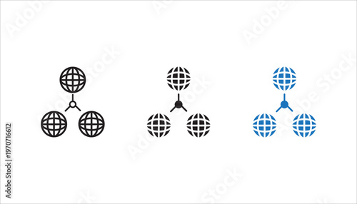 Network structure hierarchy with connected globe nodes line icon. Outline symbol representing system architecture, hierarchical network, communication flow, and distributed systems.
