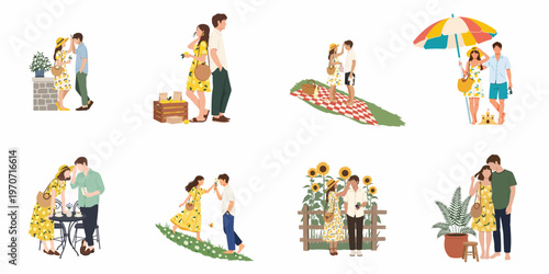 A collection of romantic summer date scenes featuring a young couple in flat illustration style, including beach, picnic, cafe, and garden settings.