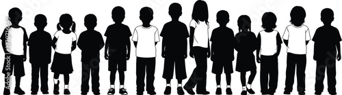 Silhouettes of diverse children standing in a row, showcasing varied postures and clothing styles, symbolizing community, diversity, childhood, and group unity in illustration.