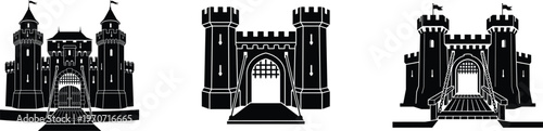 Medieval castle silhouette set featuring grand fortress entrance and courtyard