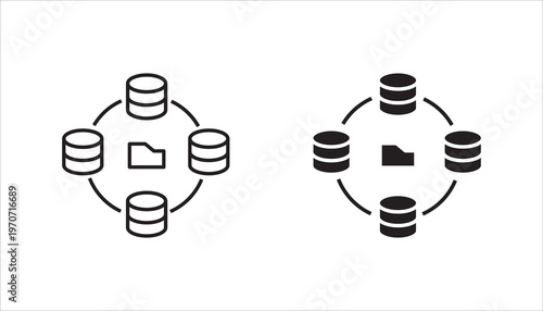 Distributed database network with file sharing line icon. Outline symbol representing decentralized storage, data synchronization, and distributed systems.