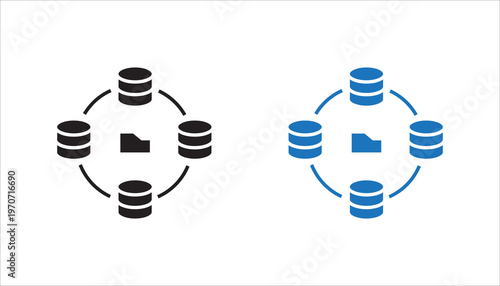 Distributed database network with file sharing line icon. Outline symbol representing decentralized storage, data synchronization, and distributed systems.