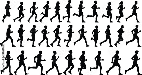 Running silhouettes in dynamic stride variations, symbolizing athletic training, biomechanics, fitness, human movement rhythm, and sports performance in vector illustration design.