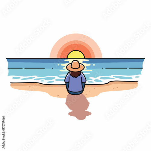 A person sits on the beach watching sunset