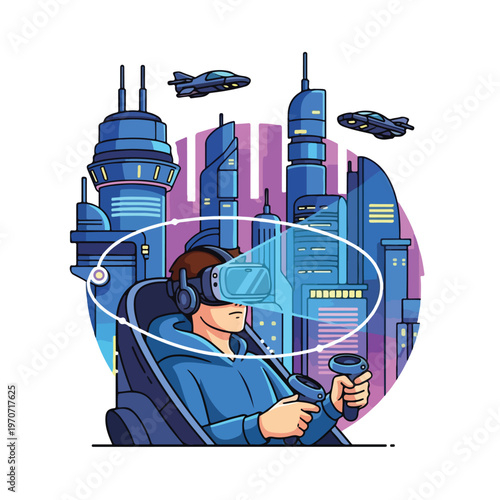 A man in VR gear explores a futuristic cityscape