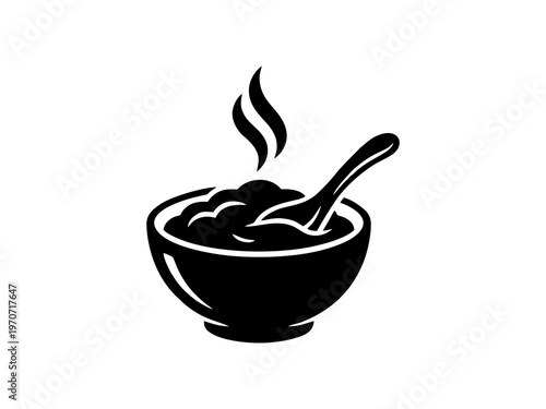 Hot bowl of porridge or soup with spoon black white vector icon