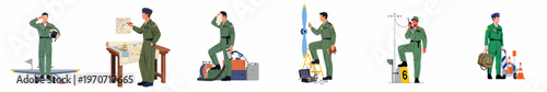 Set of military pilot characters in green flight suits performing various duties like maintenance, navigation, and communication, isolated on white background.