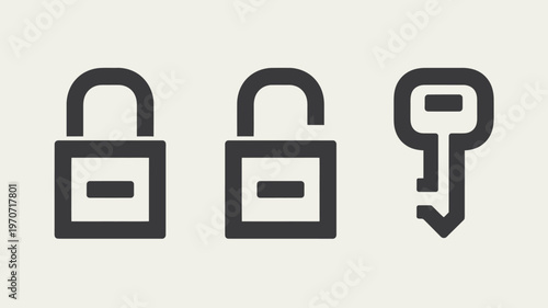 Three black and white lock with an arrow pointing downwards padlock security unlock