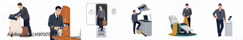 Flat vector illustration set of a male flight attendant performing various duties inside a luxury private jet or first-class airplane cabin interior.