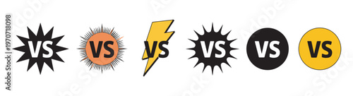 Gaming and Sports VS logo vector set, 6 versus battle icons, lightning circular starburst designs, white background, esports competition graphics