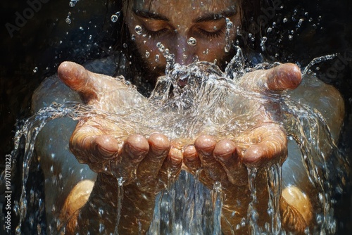Jesus, hands in water, pouring out the stream of pure living waters to show that he is the source and life for all people, Generative AI