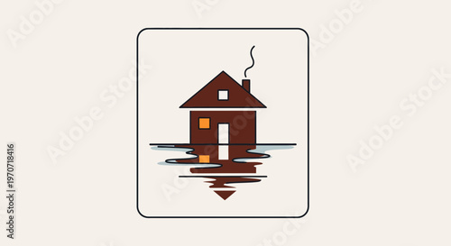 Minimalist House Reflection on Water, Simple Home Icon with Smoke from Chimney