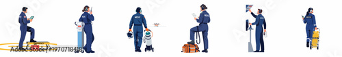 Flat vector illustration set of air medical service flight medics and paramedics in various emergency response scenarios with specialized equipment.