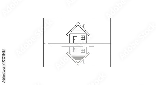 Minimalist house reflection on water, simple line art, real estate concept