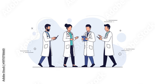 Diverse doctors collaborating, discussing medical cases with tablets and clipboards