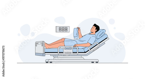 Man Lying in Hospital Bed, Holding Blanket, Medical Care Concept