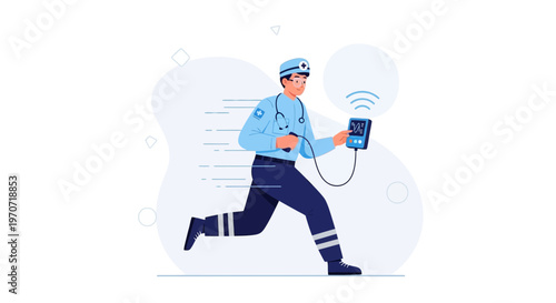 Doctor running with medical equipment, emergency medical services concept