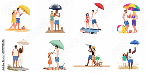 Collection of flat vector illustrations showing diverse couples and families relaxing at the beach under colorful parasols during their summer vacation.