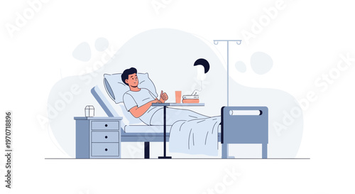 Patient Lying in Hospital Bed with IV Drip and Bedside Table