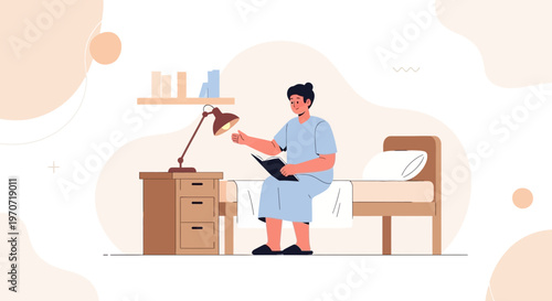 Patient reading book in hospital room with bedside lamp and bed