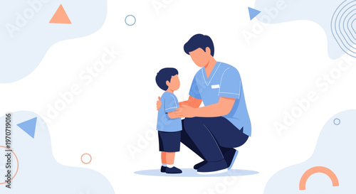 Father and son bonding, man crouching and talking to child, supportive family relationship