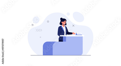 Receptionist at counter, welcome desk, customer service, flat design illustration