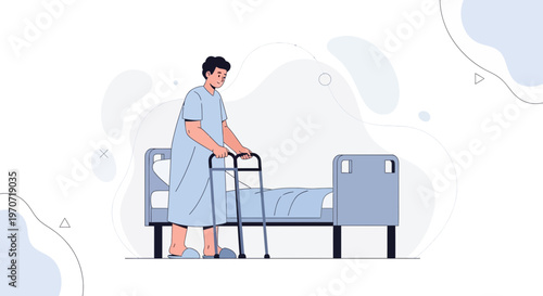 Patient with walker near hospital bed, rehabilitation and recovery concept