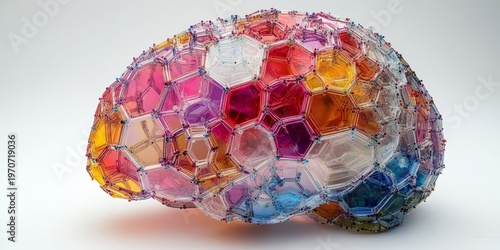 A colorful brain made of hexagons and data points on a white background, symbolizing artificial intelligence with geometric shapes, Generative AI