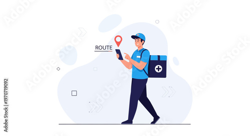 Delivery person using GPS navigation app on phone for medical delivery route
