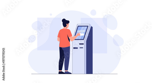 Woman Using Self-Service Kiosk for Transactions and Information