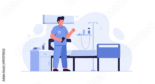 Doctor in hospital room with patient bed and IV drip, modern medical illustration