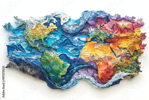 A collage of various textures and patterns forming the shape of the Earth, with colorful drawings representing different landscapes and oceans, Generative AI