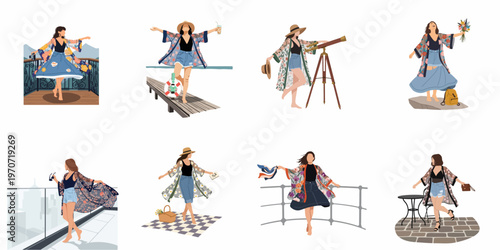 Collection of illustrations showing a young woman enjoying various travel activities and vacation moments while wearing a stylish floral kimono.