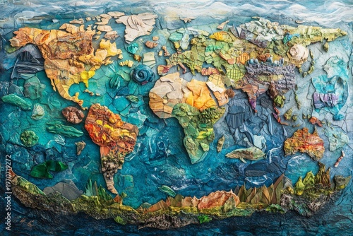 A collage of various textures and patterns forming the shape of the Earth, with colorful drawings representing different landscapes and oceans, Generative AI