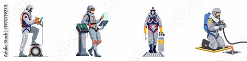 A set of professional workers in advanced protective suits performing technical maintenance and industrial tasks in hazardous or futuristic environments.