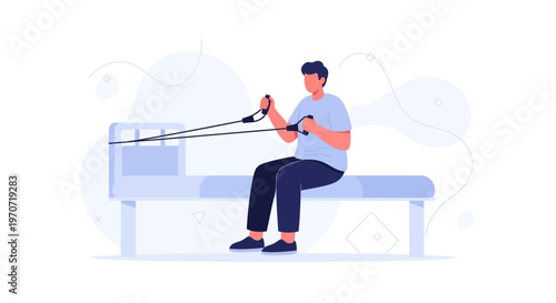 Man exercising with resistance bands on a reformer pilates machine, flat design illustration