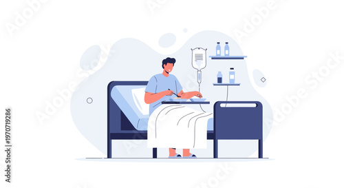 Patient Eating Meal in Hospital Bed with IV Drip