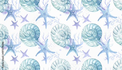 Seamless watercolor marine pattern featuring blue seashells starfish and purple coral branches