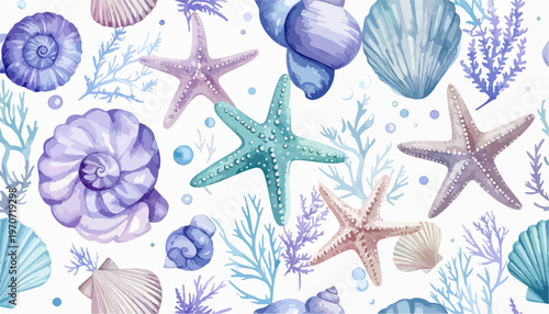 Seamless watercolor marine pattern with pastel seashells starfish and coral on white background