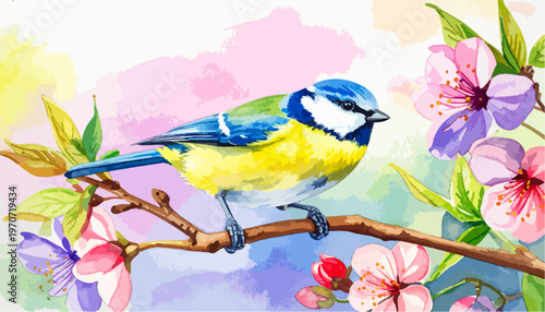 Watercolor illustration of a cute blue tit bird perched on a blooming cherry blossom branch
