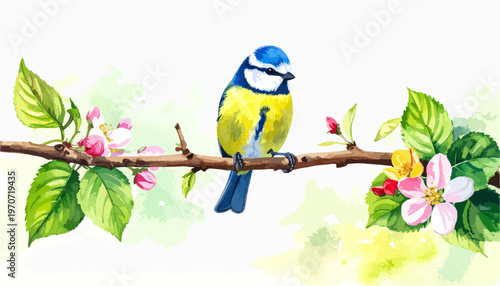 Watercolor blue tit bird perched on a spring branch with pink apple blossoms and green leaves