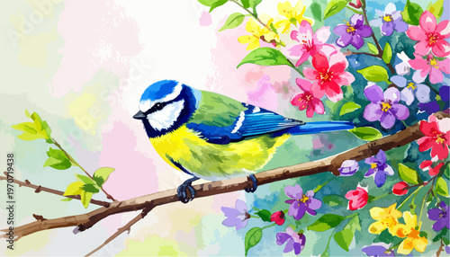 Watercolor illustration of a cute blue tit bird perched on a branch with bright spring flowers