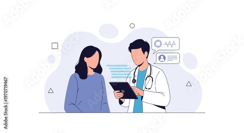 Doctor Consults Patient on Tablet, Discussing Health Data with Medical Icons