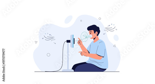 Man with mask using fan for breathing therapy, illustration