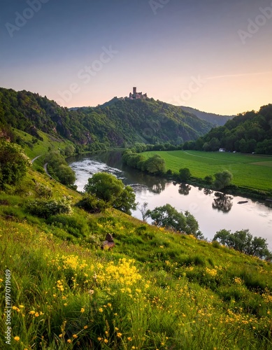 Majestic Castle on Hill Overlooking Serene River and Lush Green Valley at Sunset.