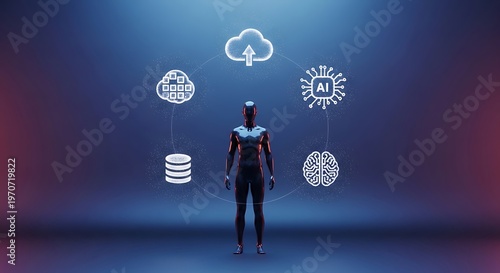Robot with AI and cloud computing icons on transparent background